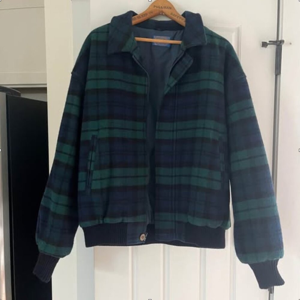 Mens Large Pendleton Navy and Green Plaid Wool Jacket/Coat